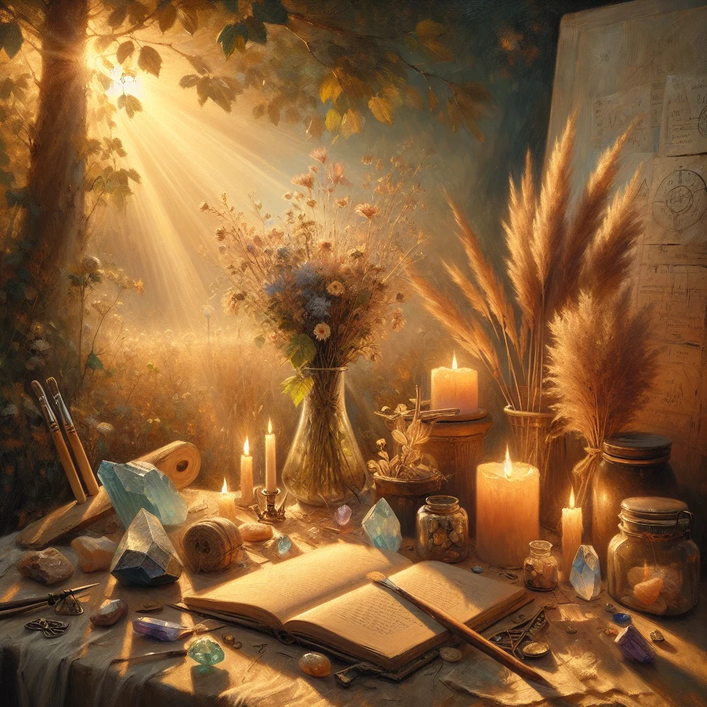 Woman performing manifesting ritual before full moon with candles and crystals in a serene environment