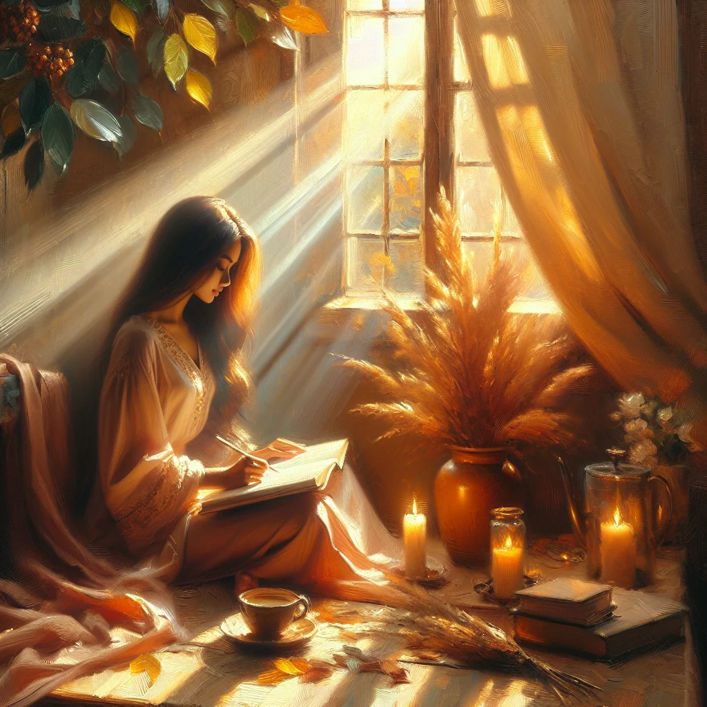 Woman enjoying her manifestation ritual with morning coffee and journaling