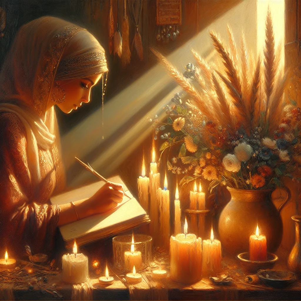 Woman journaling by candlelight as part of her positive manifestation practice