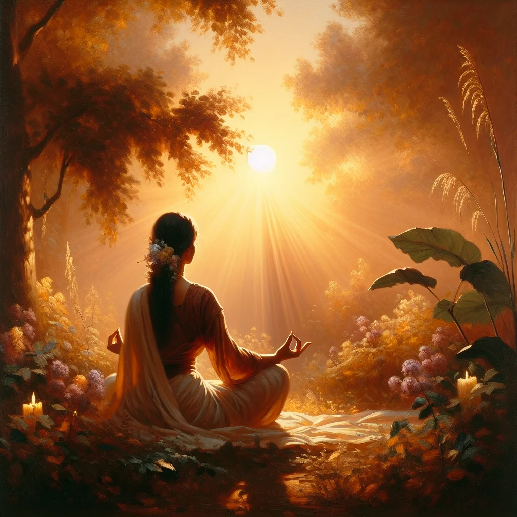 A woman meditating in nature, finding the secret to manifesting through calm focus