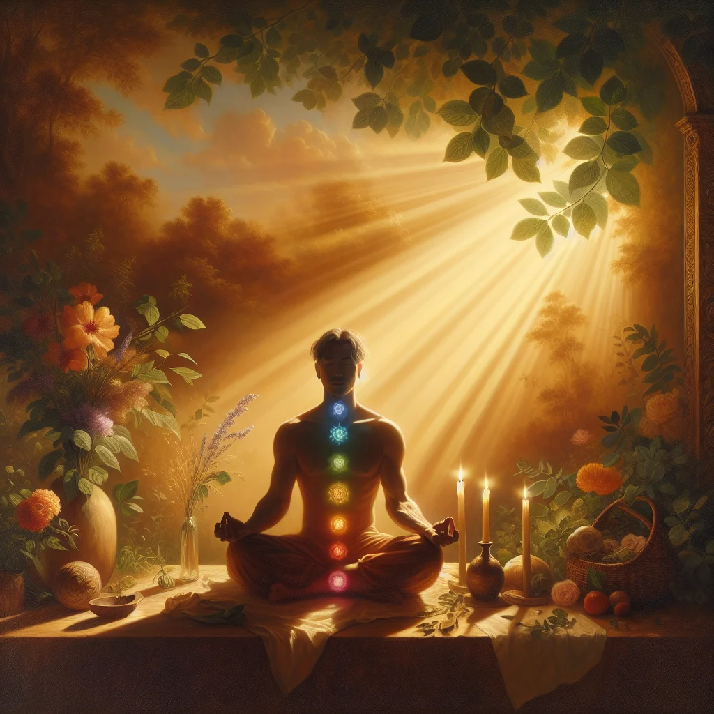 Person meditating with colorful chakras aligned on their body in nature