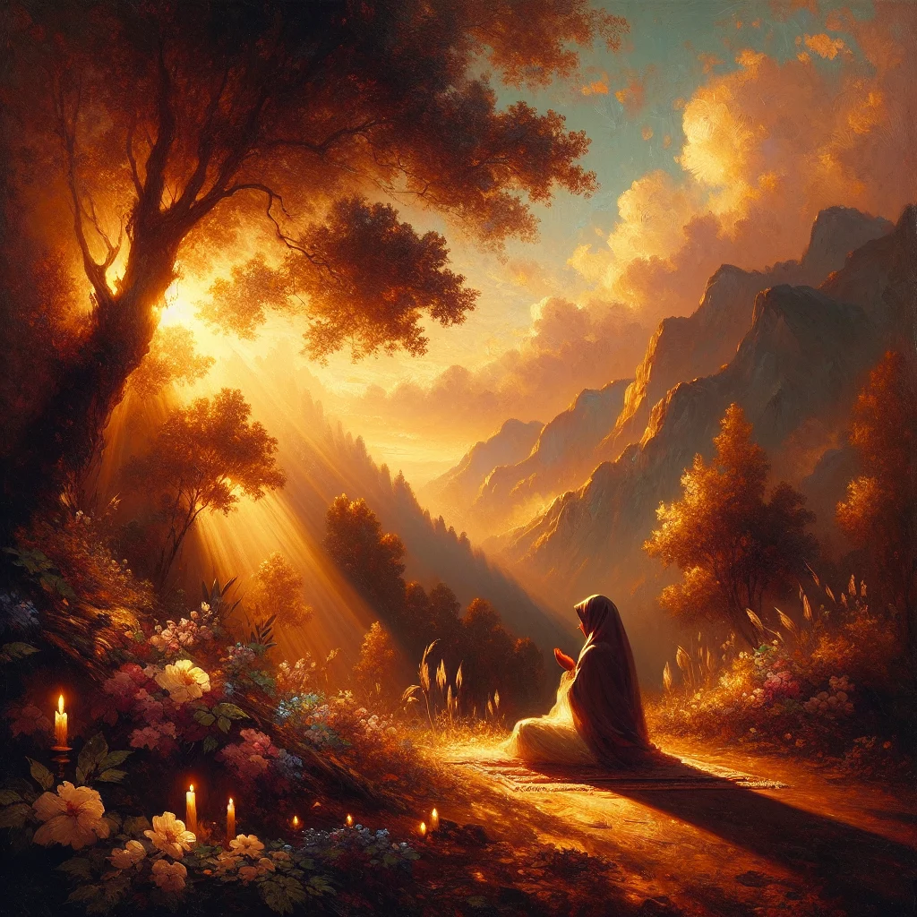 Woman making dua for inner peace at sunrise in the mountains