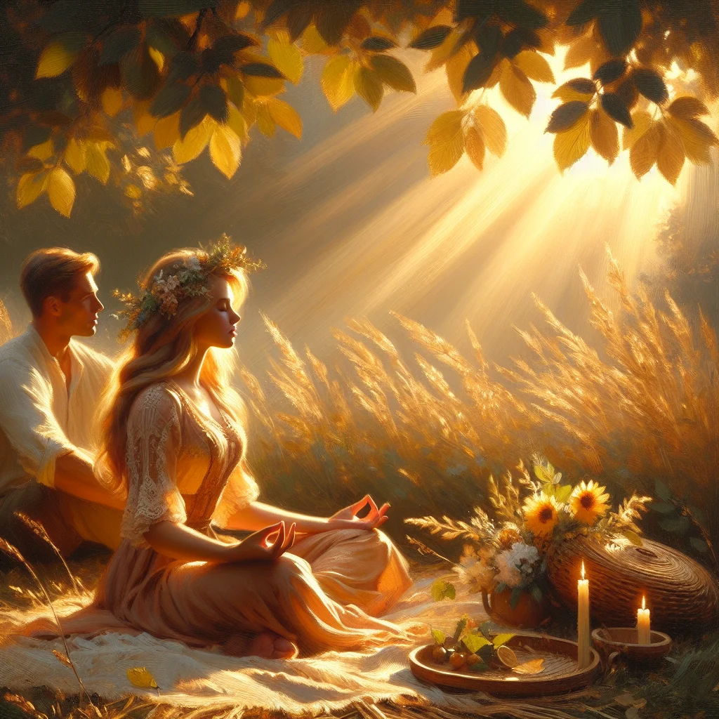 Man and woman sitting calmly in a city park, practicing mindfulness