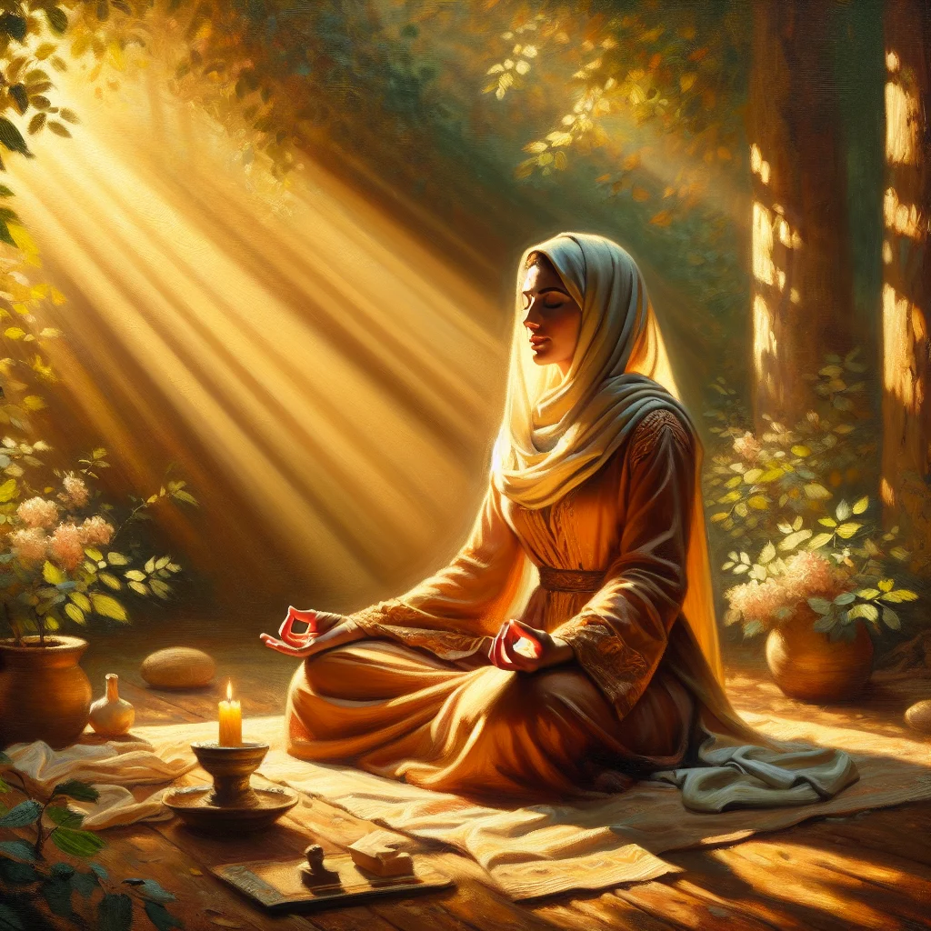 Woman sitting in a peaceful forest practicing gratitude and resilience meditation