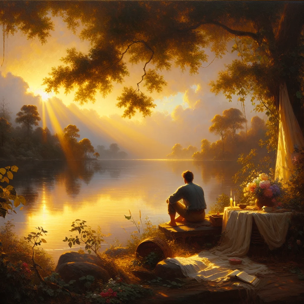 Person reflecting beside a peaceful lake, connecting with gratitude and resilience