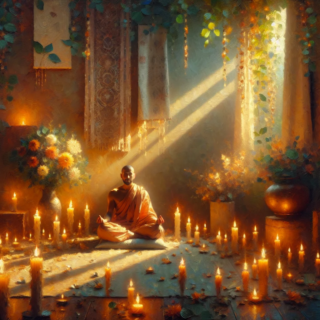 Person practicing daily meditation routine in a peaceful room, reflecting meditation building