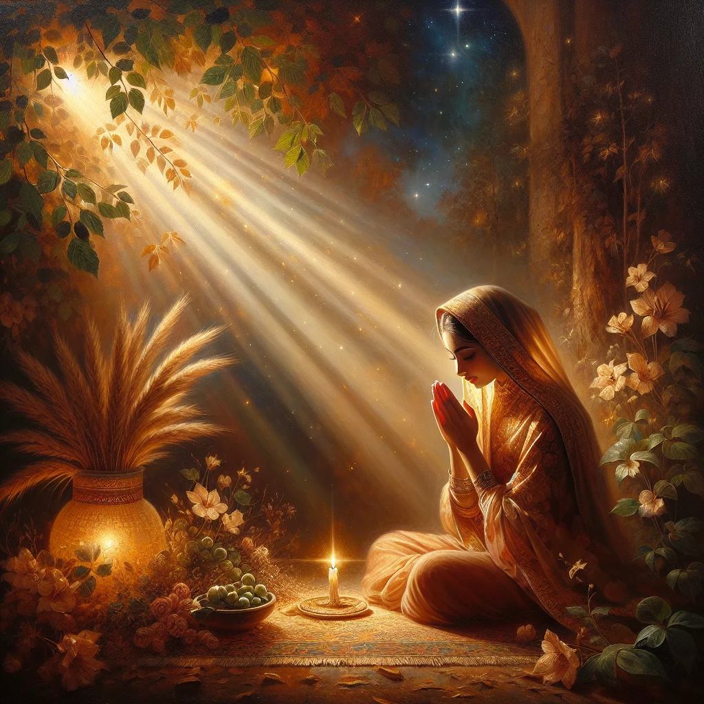 Woman making peaceful dua at night under stars