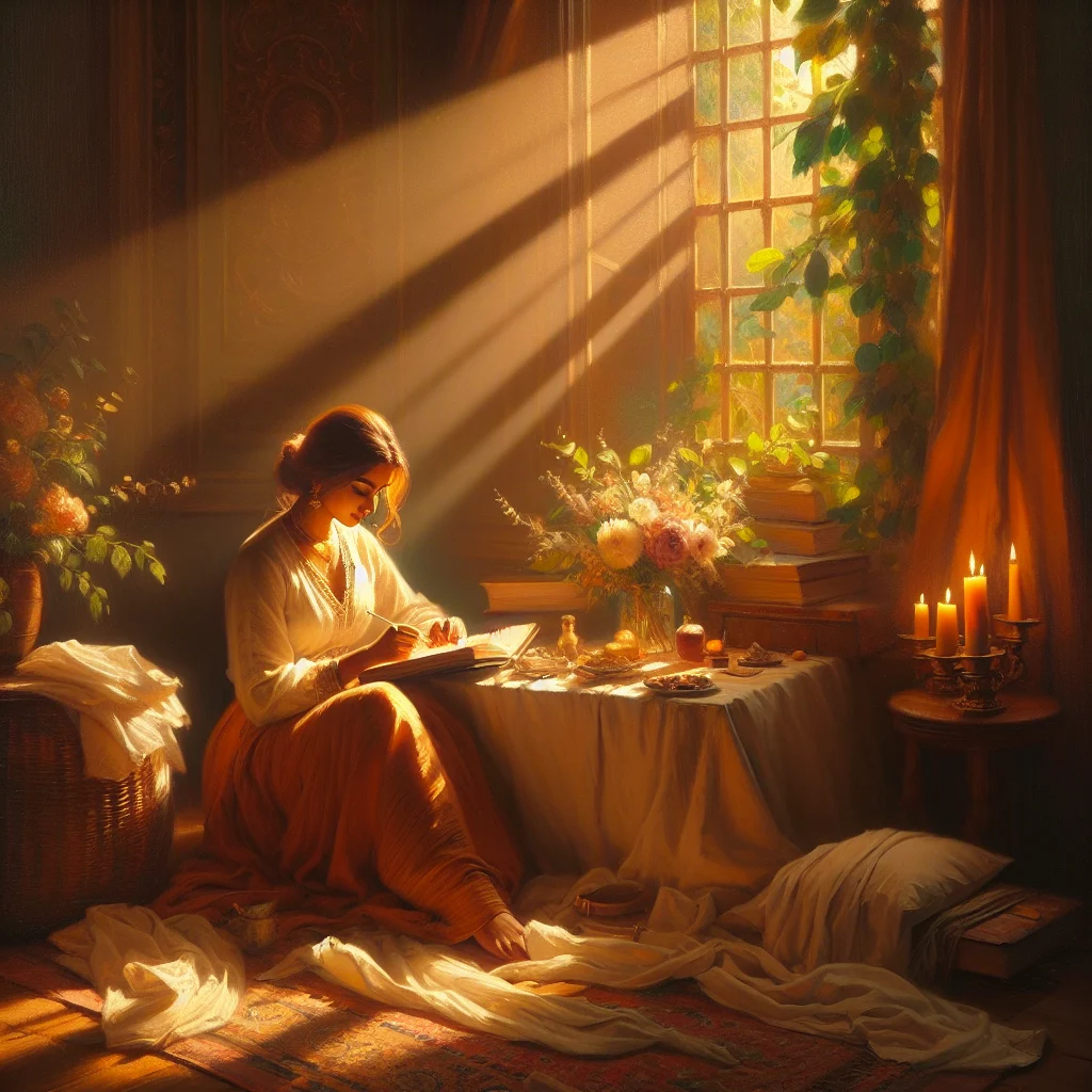 Woman journaling with reflection work on shadow work questions for self love near window