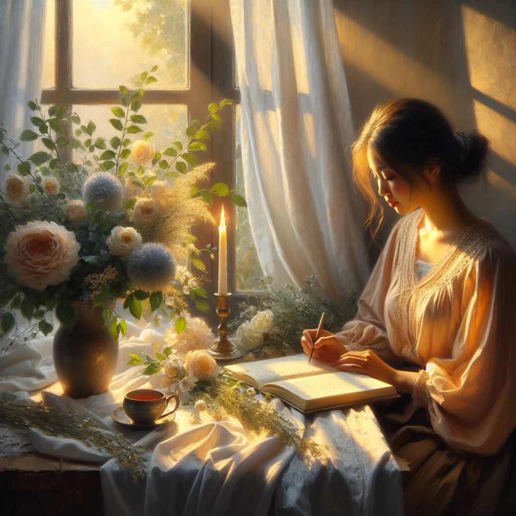 Woman practicing slow living smart moves, journaling in a cozy setting with tea