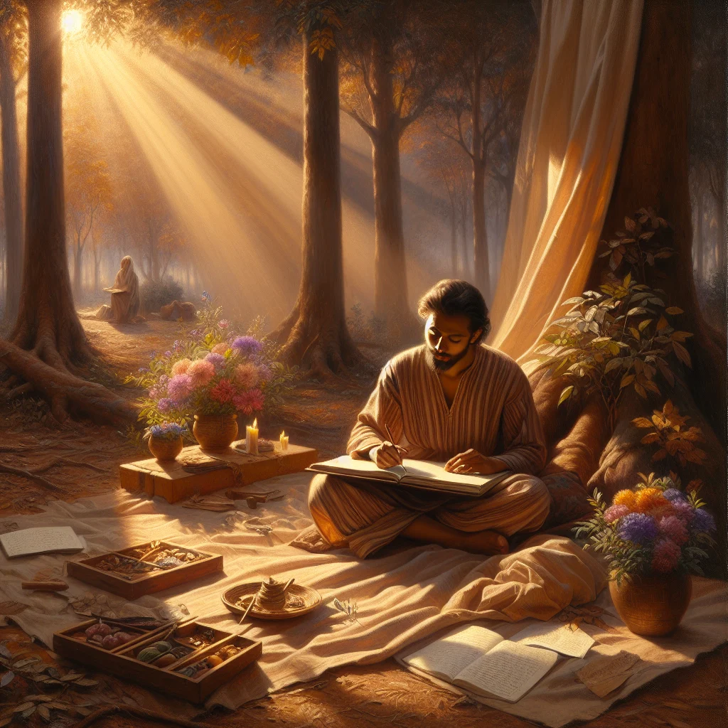Man practicing slow living by journaling calmly outdoors surrounded by nature