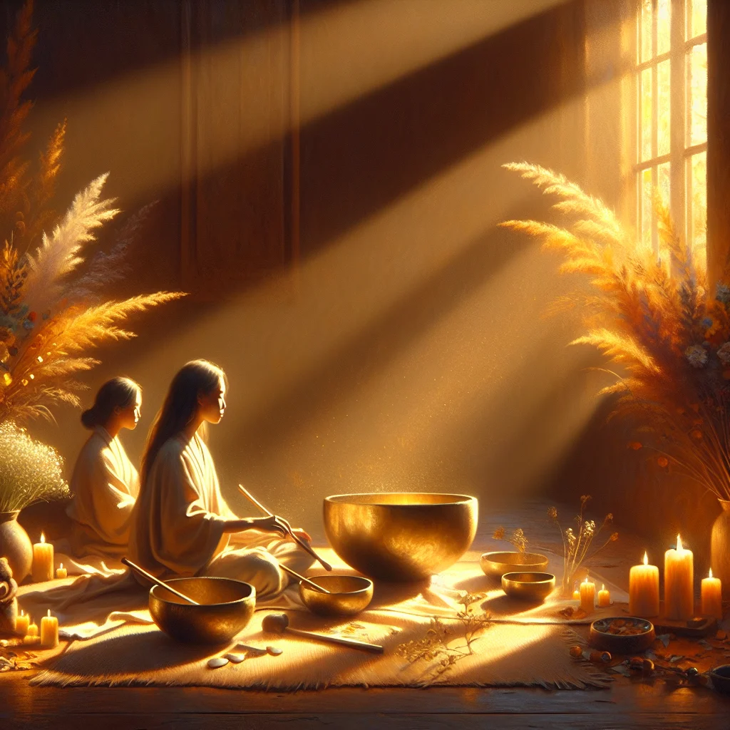 Sound healing diploma session using Tibetan singing bowls with a student and teacher