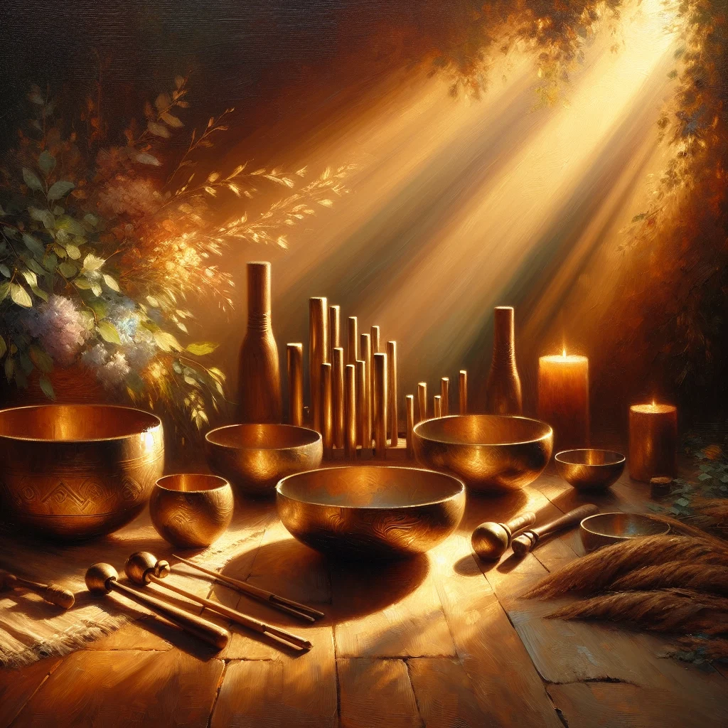Various sound healing tools used in diploma training including bowls, forks, and chimes