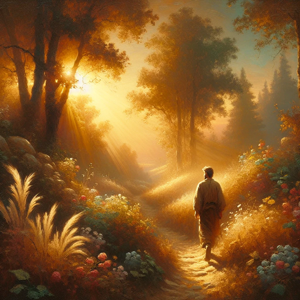 Man walking uphill on a peaceful path during a spiritual journey for beginners at sunrise