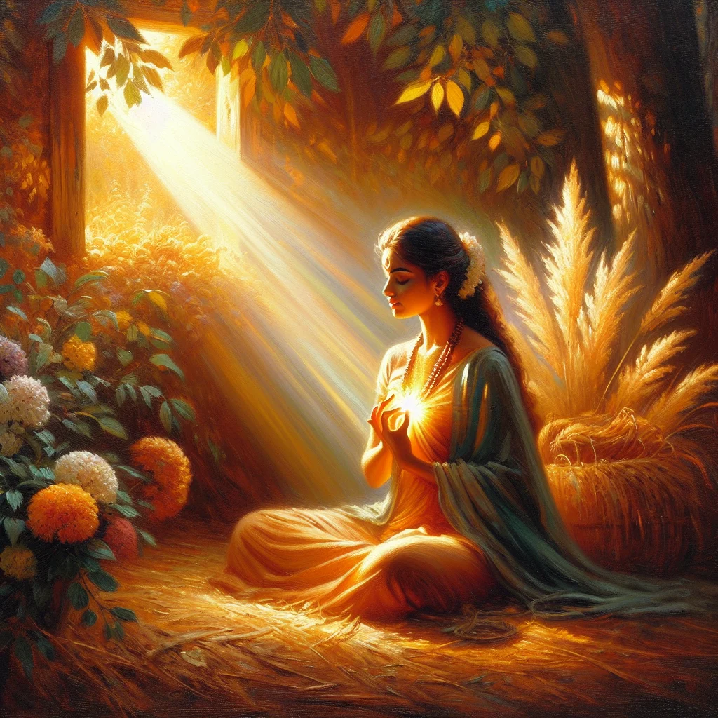 Woman practicing seven chakra meditation surrounded by calming nature