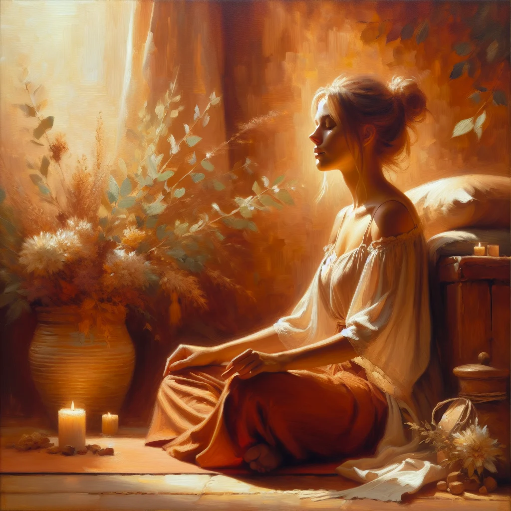 Calm woman practicing grounding techniques for anxiety self in a cozy living room