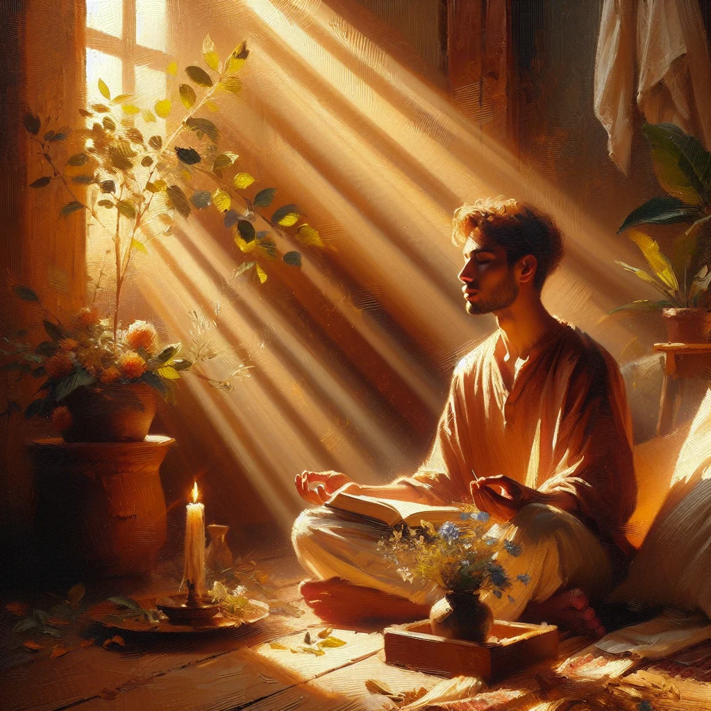 Person reading best book on mindfulness while meditating near a sunlit window