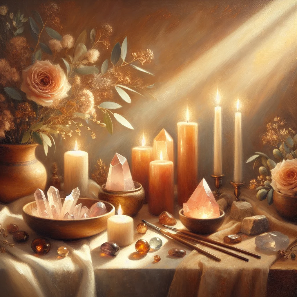 Crystal healing altar with selenite and rose quartz