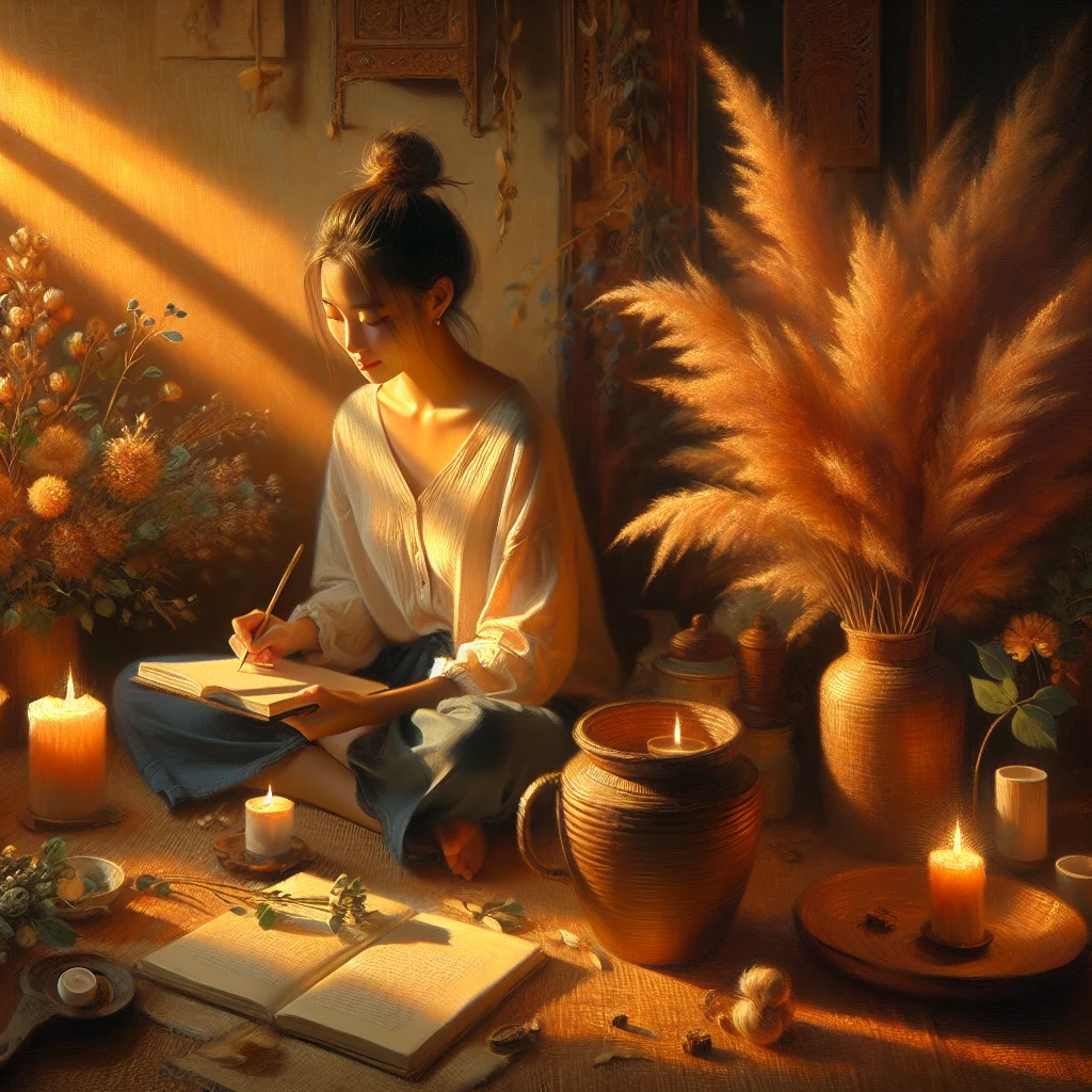 Woman journaling and practicing forms of mindfulness in cozy setting