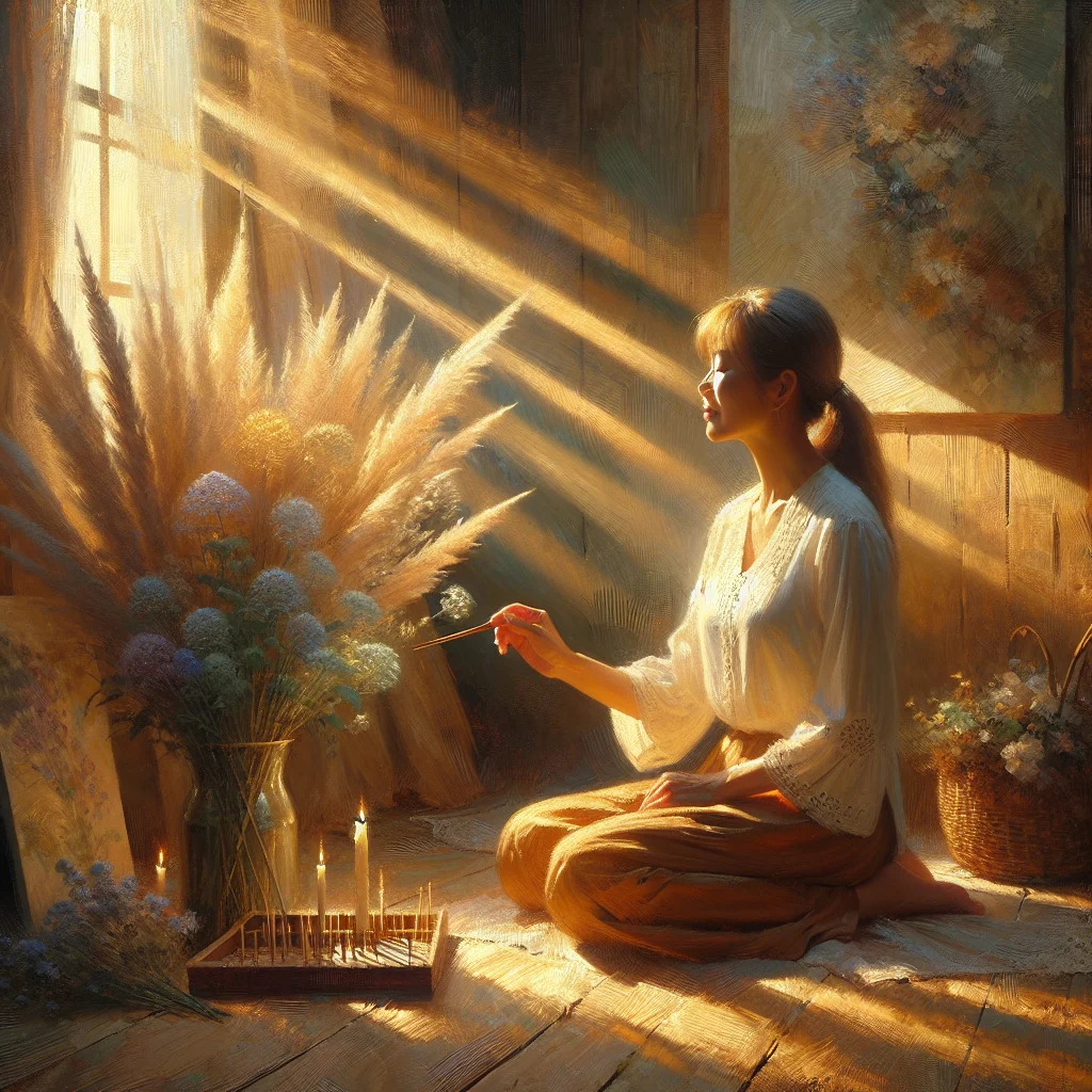 Woman using EFT healing technique at home as part of a daily mindfulness routine