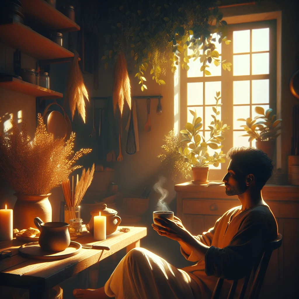 Man embracing slow living by enjoying coffee in a peaceful morning setting at home