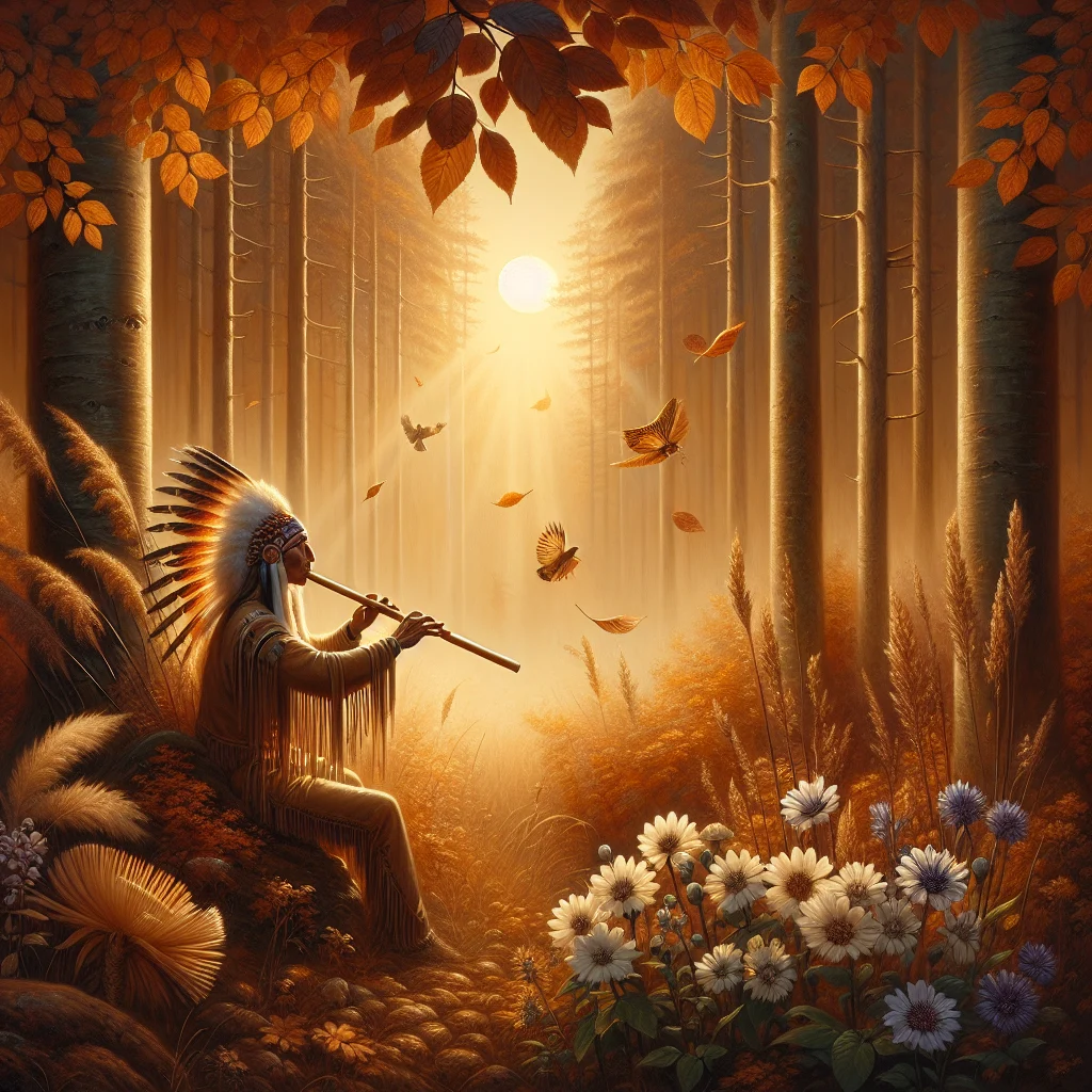 Native American man playing flute in forest to support emotional healing