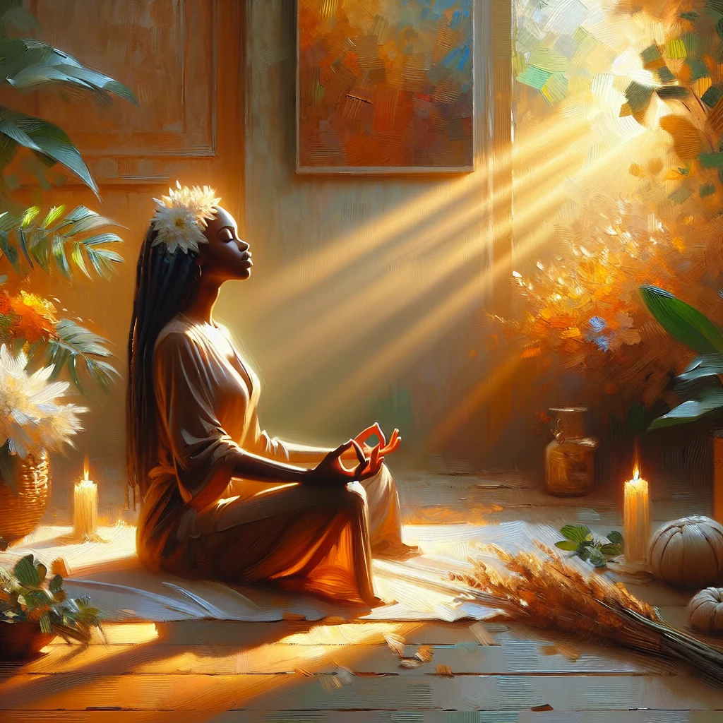 A woman practicing mindfulness surrounded by urban noise in Florida; anxiety relief concept