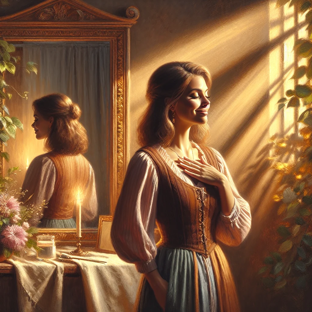 A woman smiling peacefully at herself in the mirror, representing focus on self love