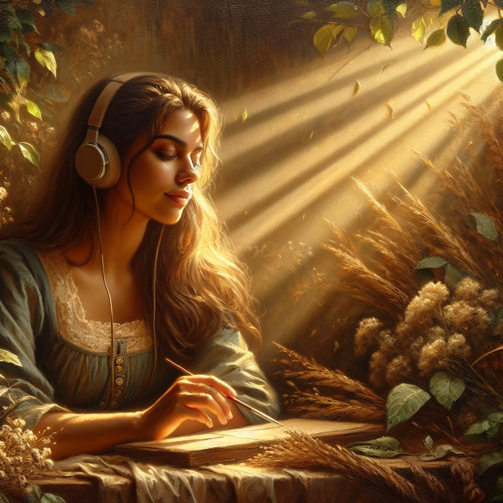Woman enjoying good vibes healing music in nature, surrounded by peaceful environment