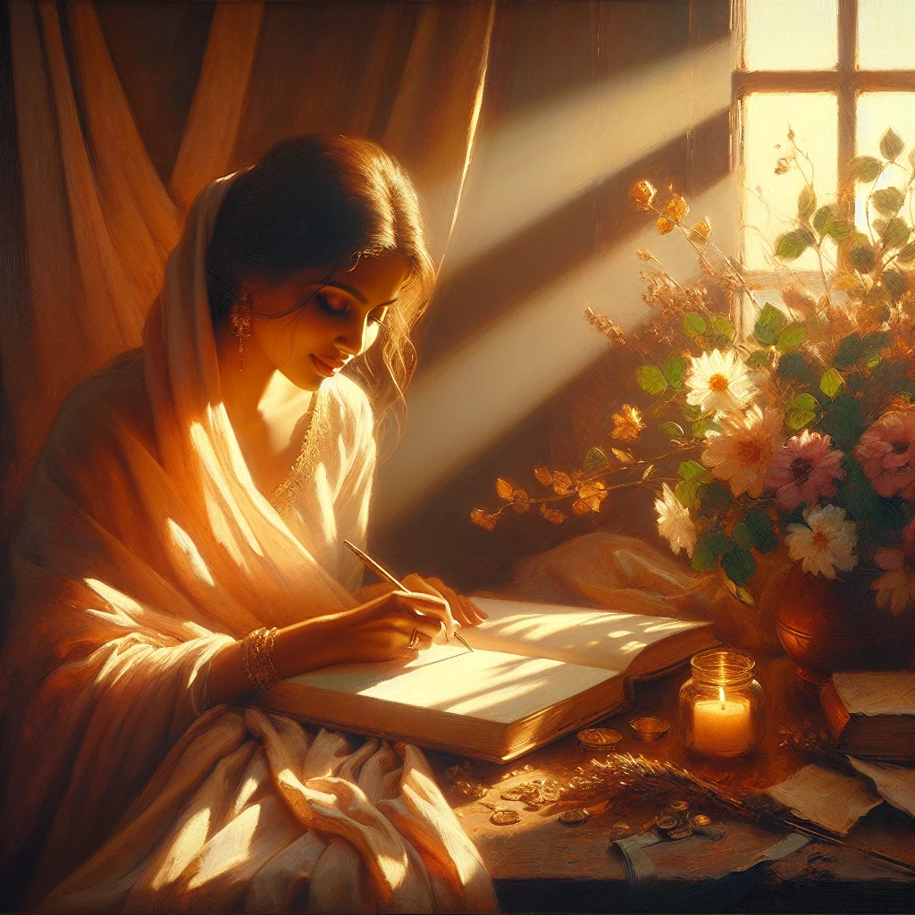 A woman journaling with sunlight streaming in, practicing gratitude and well-being
