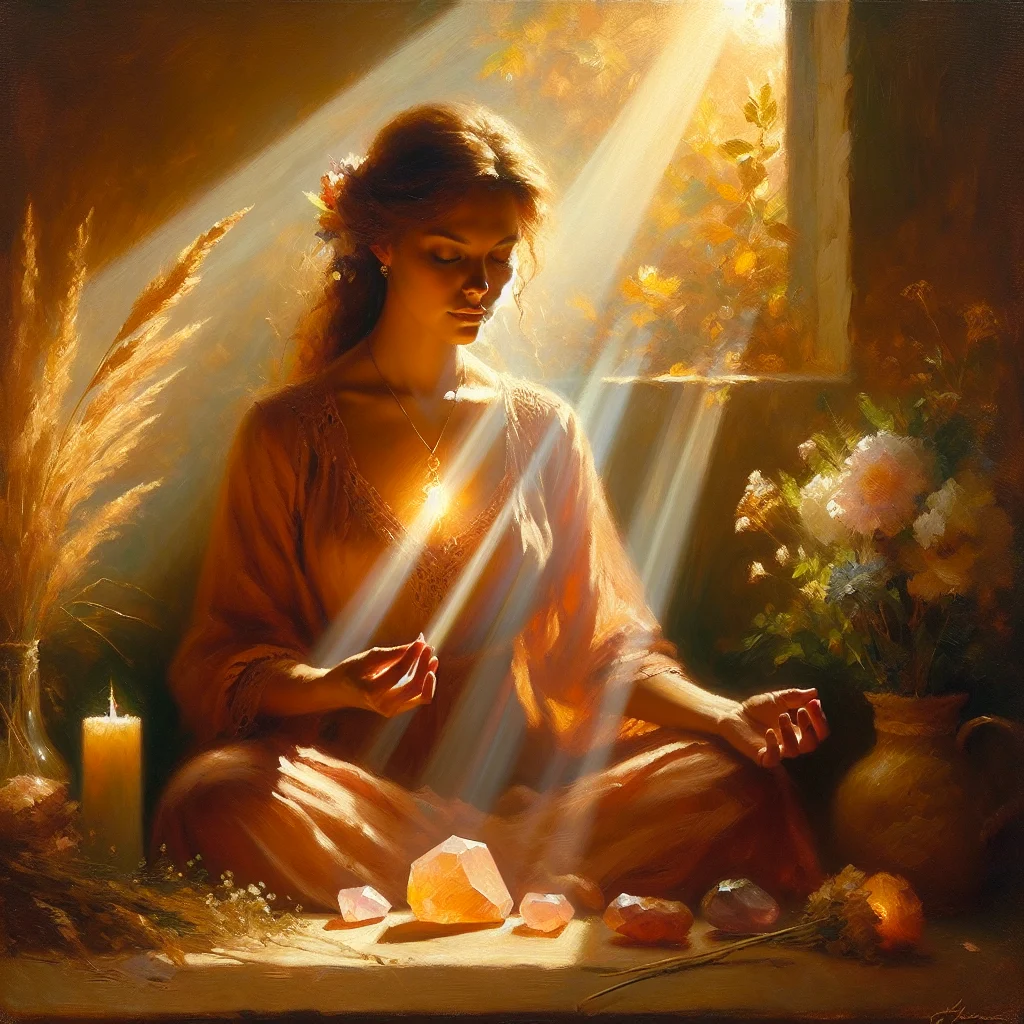 Woman placing healing crystals on chakra points during meditation