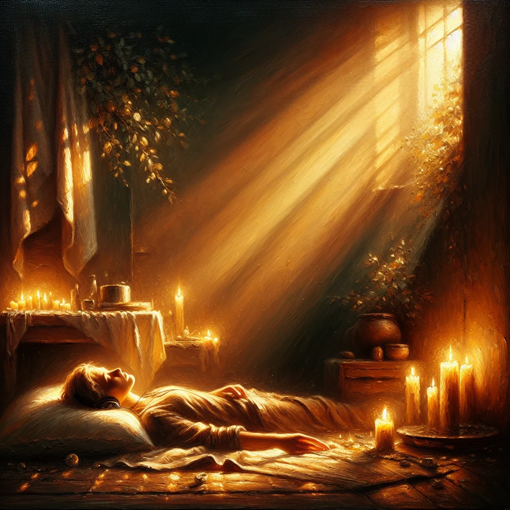 Person laying peacefully with headphones while listening to good vibes healing music