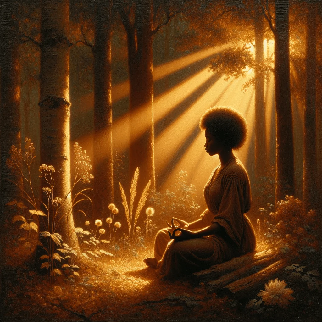 inner wisdom meditation practiced in serene forest setting with a woman in cross-legged posture