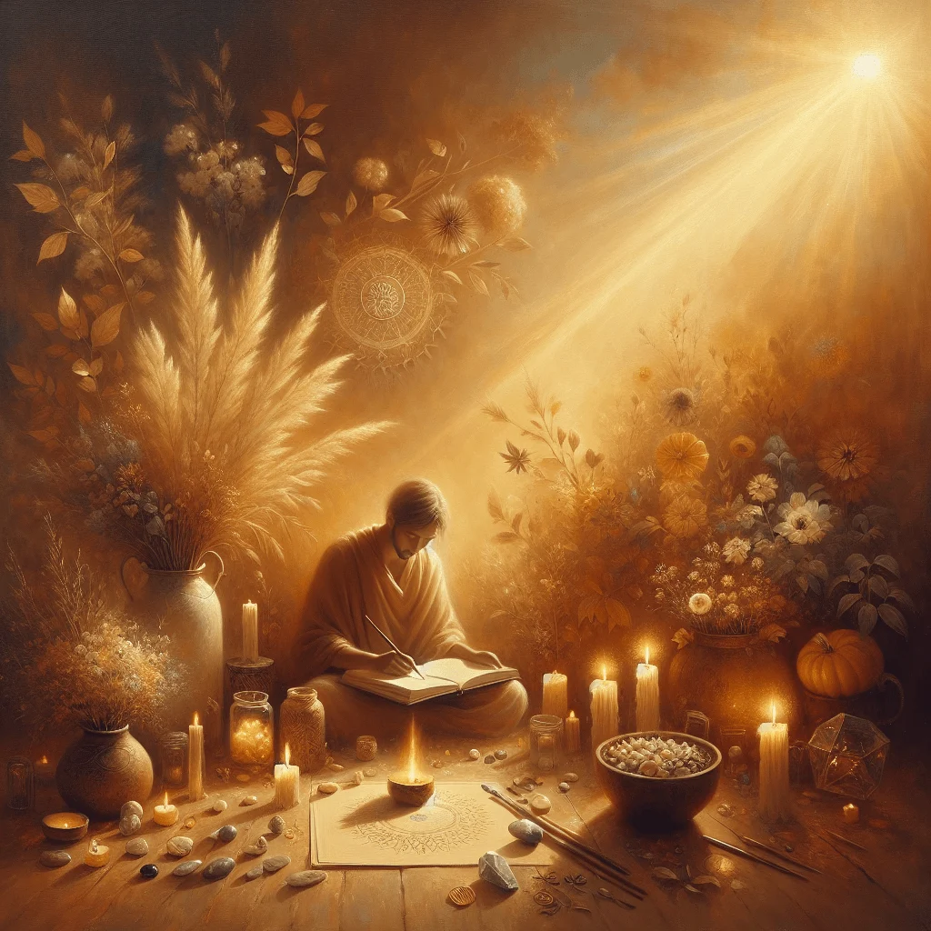 Person writing manifestation journal topics surrounded by candles and vision board