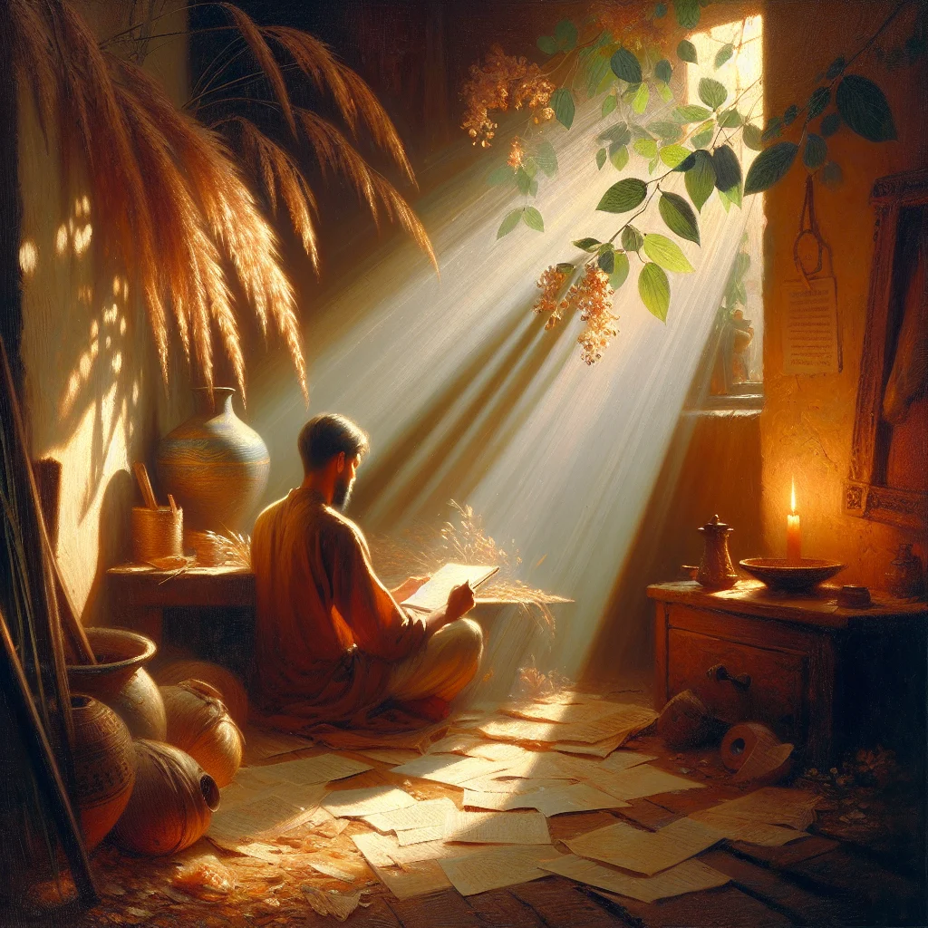 Man journaling after meditation and reflecting on thoughts in the evening