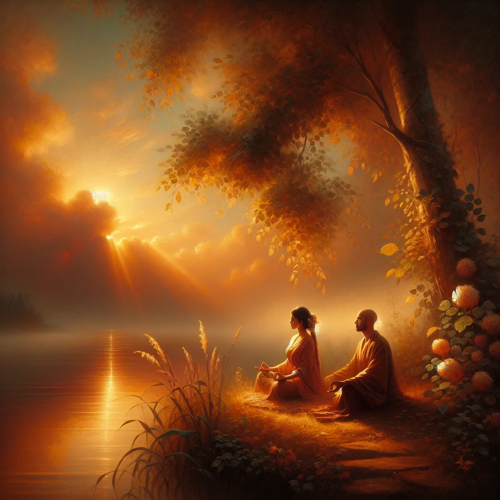 Man and woman meditating together in a peaceful natural setting