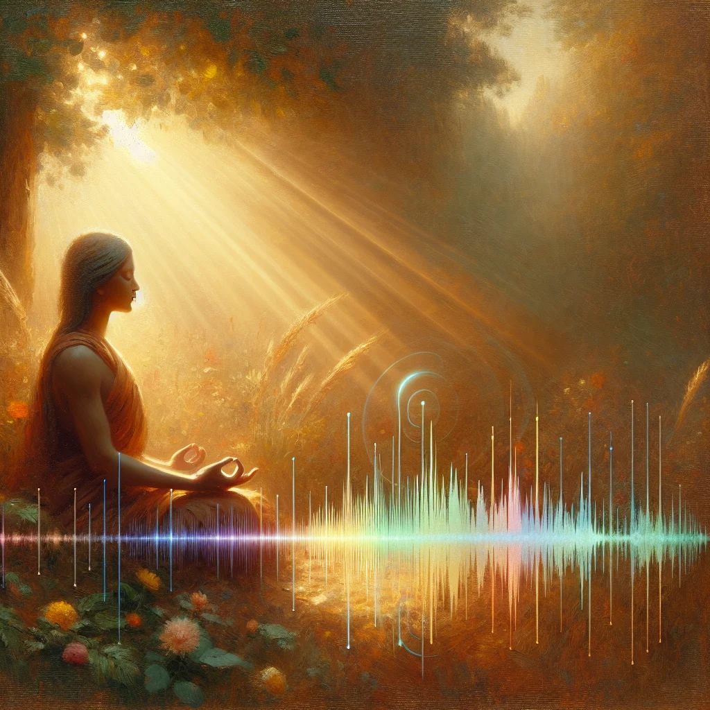 Person meditating outdoors surrounded by colorful sound waves representing different meditation frequency hz