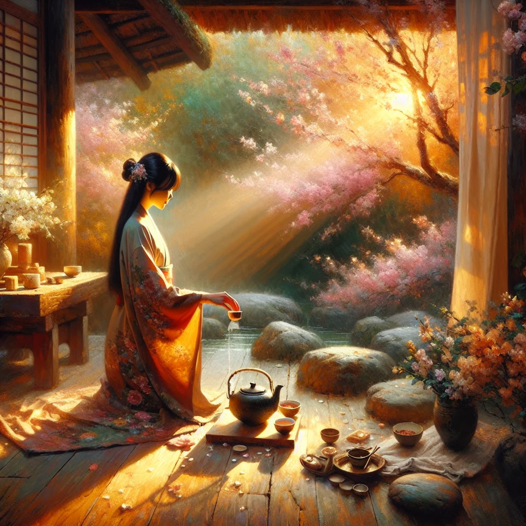 Person practicing mindful zen slow living in a Japanese-style garden with cherry blossoms