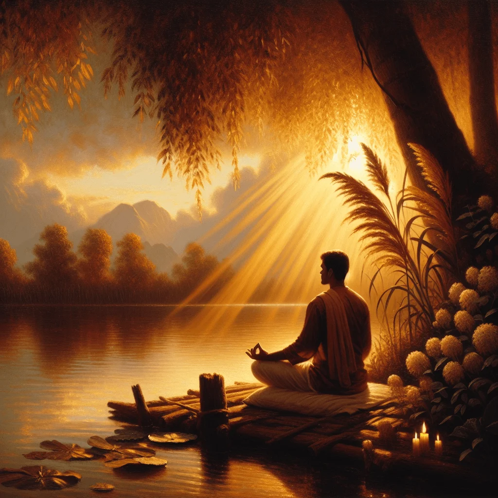 Man practicing mindfulness and living in the present with eyes closed near water