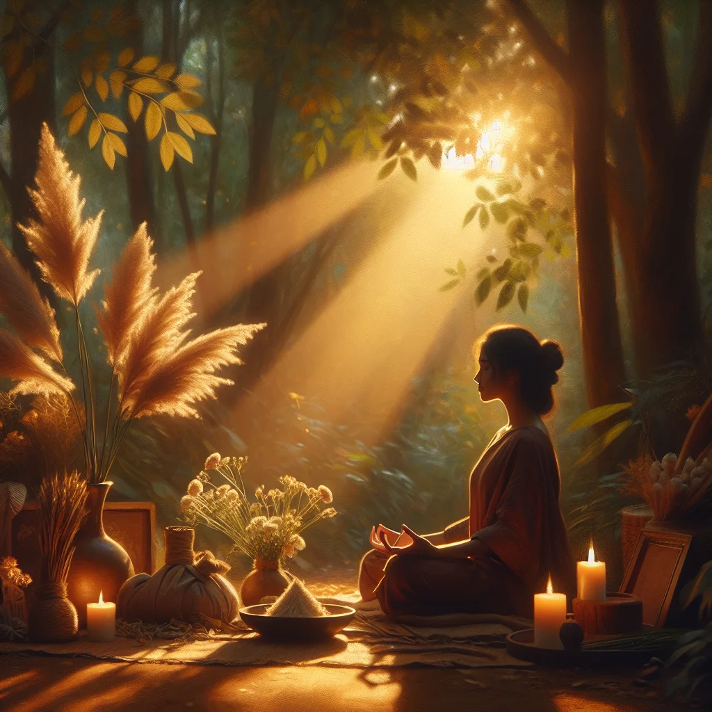 Woman practicing mindfulness and living in the moment in a peaceful forest