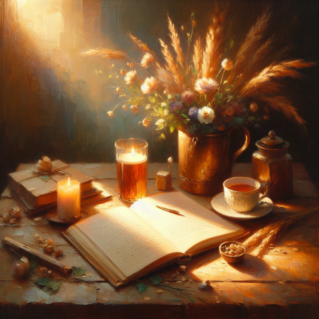 Open mindfulness journal with coffee, candles, and sunlight