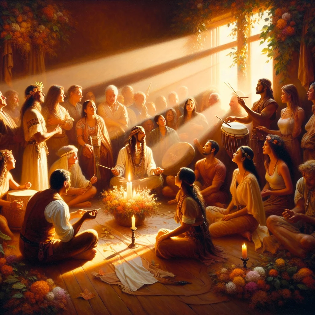 People meditating with Native American drums and flutes during emotional healing session