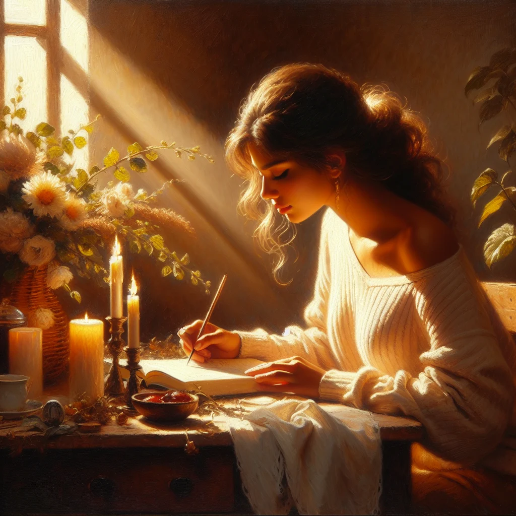 Woman journaling intention for self love on her peaceful morning desk