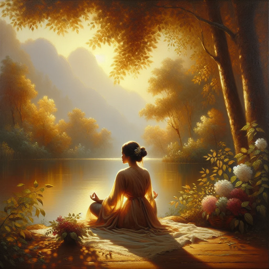 Woman practicing self reflection and meditation in nature near a calm lake