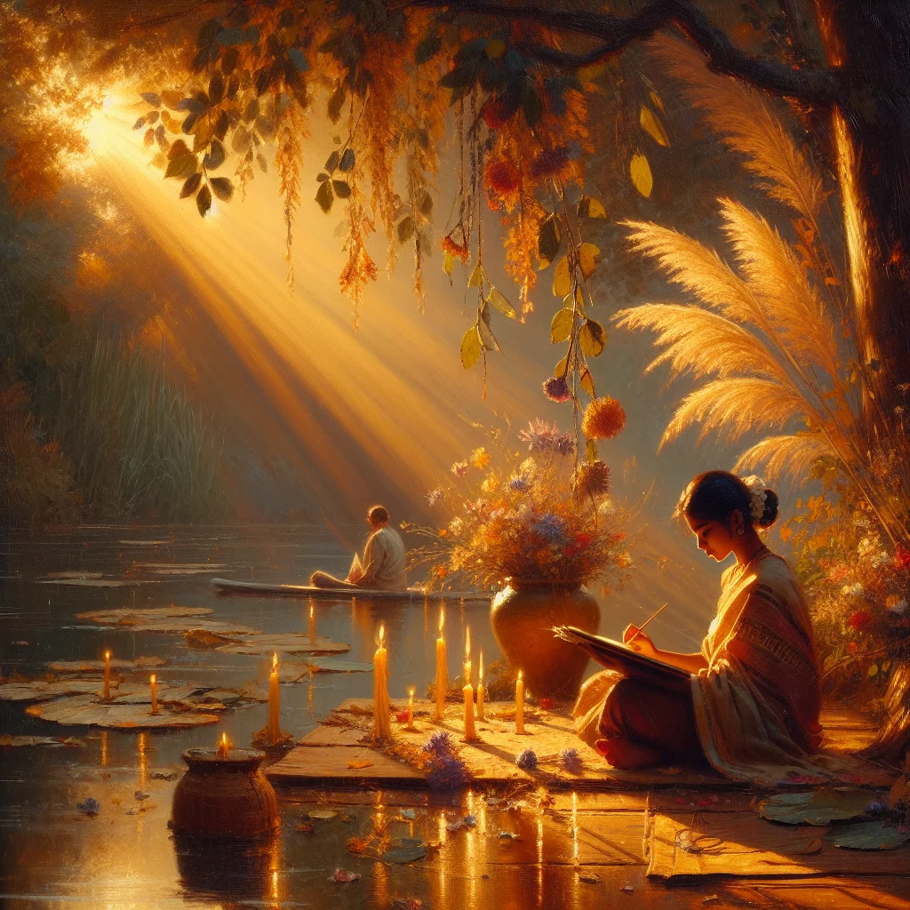 person writing slow living lesson plan in nature journal by the water, late afternoon light