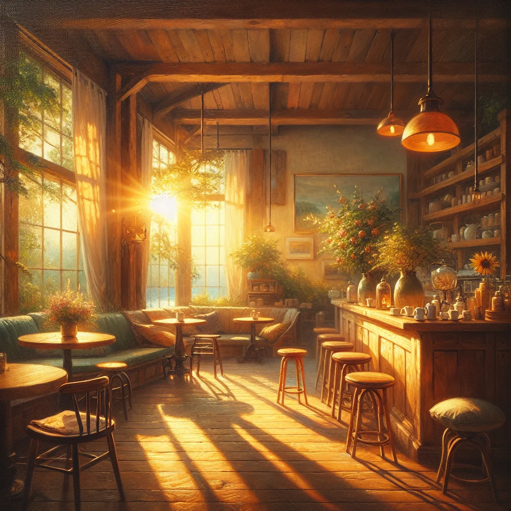 slow living cafe with cozy seating, vintage decor and warm lighting