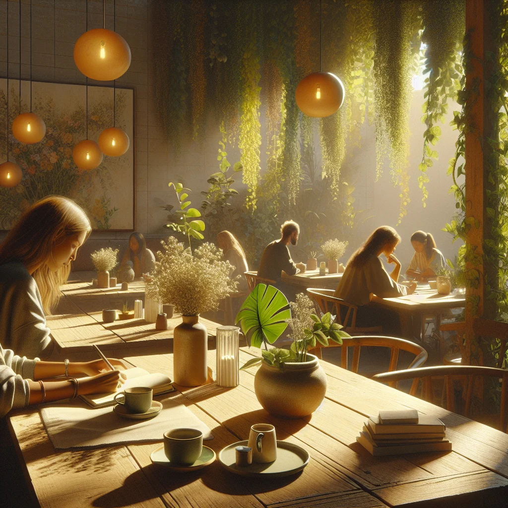 minimalist interior in a slow living cafe with natural light and wooden furniture