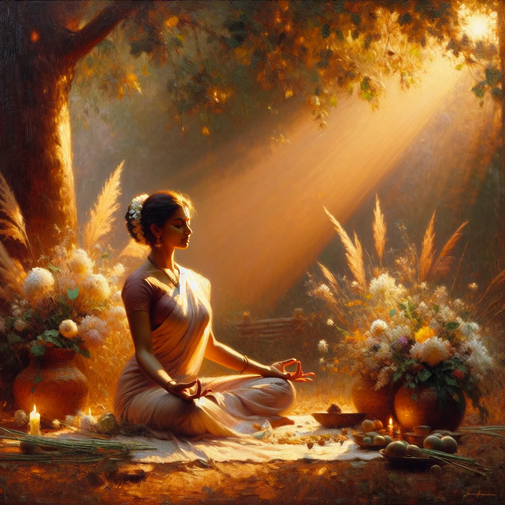 A serene woman practicing slow living rituals in nature, promoting mindfulness and simplicity