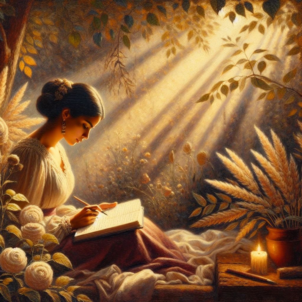 woman sitting on wooden deck journaling during peaceful forest retreat, engaging in slow living lesson plan