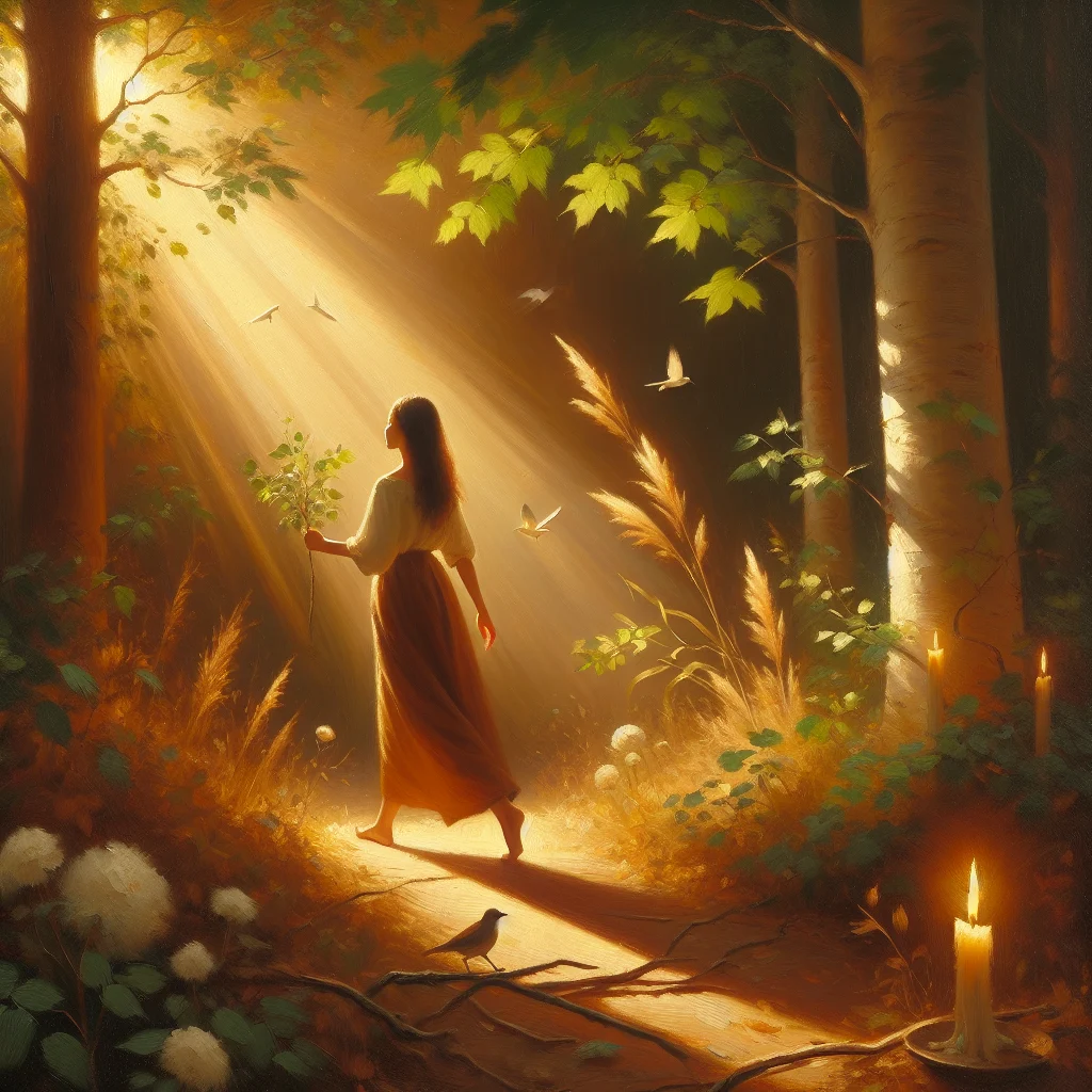 Slow living lifestyle represented by woman walking barefoot in a forest enjoying nature