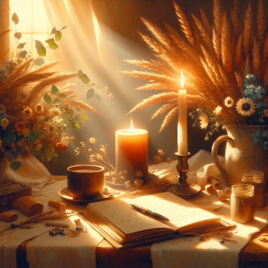 Concept of slow living shown with a cozy scene: candle, tea, journal on a desk